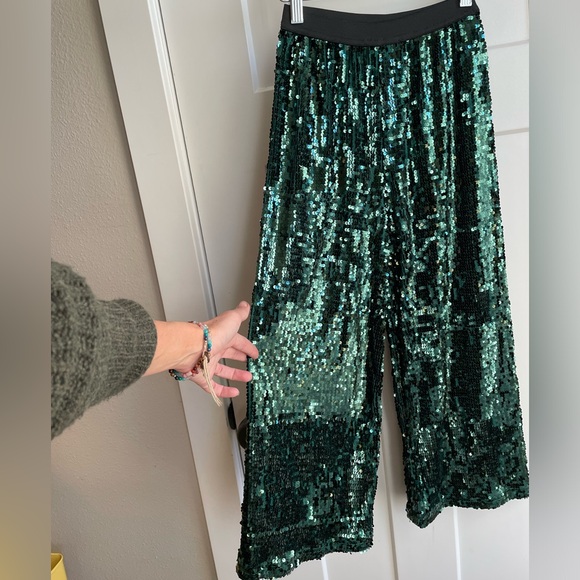 Primark Emerald Green Sequins Crop Pants small - Picture 1 of 7